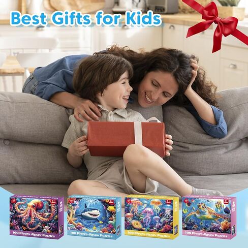 4 Pack 100 Piece Puzzles for Kids Ages 4-8, Large Piece Kids Puzzles Ages 4-6 6-8 8-10, Ocean Theme Jigsaw Puzzle Toys, Educational Family Puzzles Gifts for Boys and Girls in Kuwait