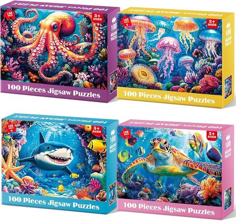 4 Pack 100 Piece Puzzles for Kids Ages 4-8, Large Piece Kids Puzzles Ages 4-6 6-8 8-10, Ocean Theme Jigsaw Puzzle Toys, Educational Family Puzzles Gifts for Boys and Girls in Kuwait