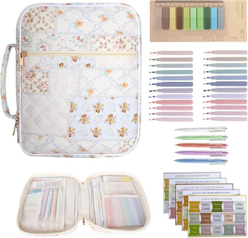 Bible Cover Case for Women, Large Quilted Bible Carrying Bag with Handles, Bible Study Supplies with 24 Highlighters, 200 Index Tabs, 5 Gel Ink Pens, 75 Bible Tabs, Christian Gifts for Women in Saudi Arabia