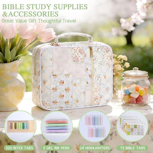 Bible Cover Case for Women, Large Quilted Bible Carrying Bag with Handles, Bible Study Supplies with 24 Highlighters, 200 Index Tabs, 5 Gel Ink Pens, 75 Bible Tabs, Christian Gifts for Women in Saudi Arabia