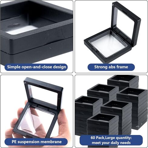 60 Pcs 3D Floating Display Case 2.8 x 2.8 x 0.8 Inch Coin Frame Display Holder Stands for Antique Challenge Coins, Jewelry, Shells, Gems, Minerals, Rocks, Specimen, Pins(Black) in Saudi Arabia