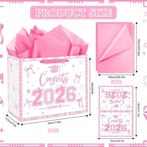 Large Pink Graduation Gift Bag with Tissue Paper and Card Pink Bow Class of 2026 Congrats Grad Gifts Wrapping Paper Bag Graduation Gift Goodies Bag for High School College Graduates Party Supplies in Saudi Arabia