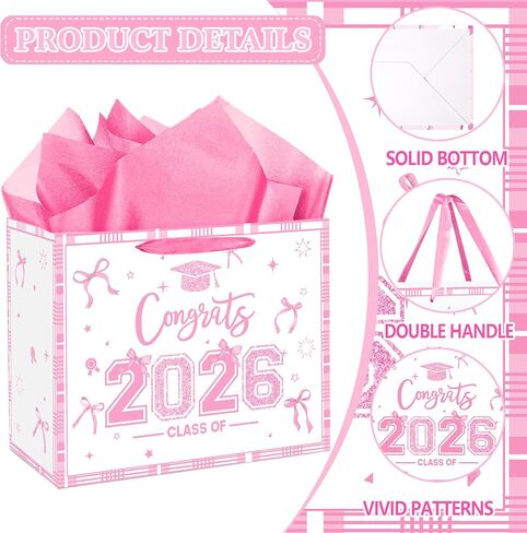Large Pink Graduation Gift Bag with Tissue Paper and Card Pink Bow Class of 2026 Congrats Grad Gifts Wrapping Paper Bag Graduation Gift Goodies Bag for High School College Graduates Party Supplies in Saudi Arabia