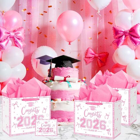 Large Pink Graduation Gift Bag with Tissue Paper and Card Pink Bow Class of 2026 Congrats Grad Gifts Wrapping Paper Bag Graduation Gift Goodies Bag for High School College Graduates Party Supplies in Saudi Arabia