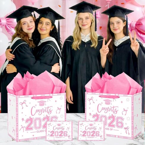 Large Pink Graduation Gift Bag with Tissue Paper and Card Pink Bow Class of 2026 Congrats Grad Gifts Wrapping Paper Bag Graduation Gift Goodies Bag for High School College Graduates Party Supplies in Saudi Arabia