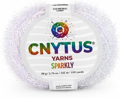 Sparkly Eyelash Fantasy Knitting Yarn | Metallic Lurex Nylon Short Eyelash Yarn | 50g (1.76oz) |140m(155 Yards) | Shiny Crochet Thread for Amigurumi & Decorative Projects (1, White) in Kuwait