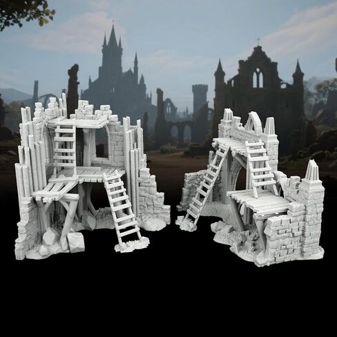 Modular 25mm Scale Unpainted Scenery - Detailed Fantasy Ruined Walls & Scaffolding for TTRPG Battle Maps, RPG Terrain Set for Dungeon Masters - Gothic Ruined Building (AF1119) in Kuwait