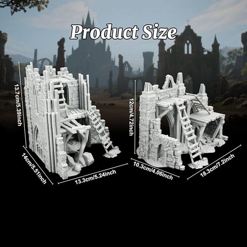 Modular 25mm Scale Unpainted Scenery - Detailed Fantasy Ruined Walls & Scaffolding for TTRPG Battle Maps, RPG Terrain Set for Dungeon Masters - Gothic Ruined Building (AF1119) in Kuwait