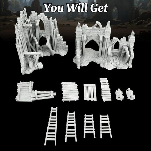 Modular 25mm Scale Unpainted Scenery - Detailed Fantasy Ruined Walls & Scaffolding for TTRPG Battle Maps, RPG Terrain Set for Dungeon Masters - Gothic Ruined Building (AF1119) in Kuwait