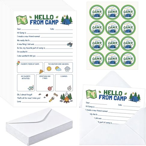 12 Pack Camp Letters for Kids, Sleepaway Camp Flat Cards for Girls Boys, Fill in the Blank Camping Cards Set with Envelopes Stickers, Summer Camping Essentials Writing Kit (Green) in Kuwait