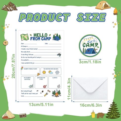 12 Pack Camp Letters for Kids, Sleepaway Camp Flat Cards for Girls Boys, Fill in the Blank Camping Cards Set with Envelopes Stickers, Summer Camping Essentials Writing Kit (Green) in Kuwait