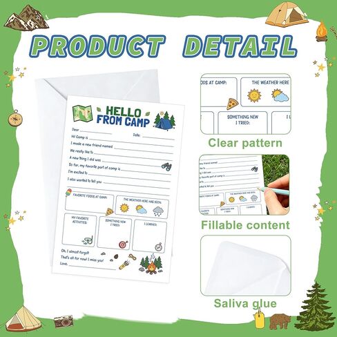 12 Pack Camp Letters for Kids, Sleepaway Camp Flat Cards for Girls Boys, Fill in the Blank Camping Cards Set with Envelopes Stickers, Summer Camping Essentials Writing Kit (Green) in Kuwait
