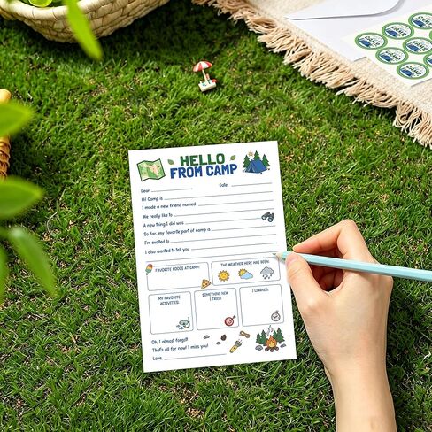 12 Pack Camp Letters for Kids, Sleepaway Camp Flat Cards for Girls Boys, Fill in the Blank Camping Cards Set with Envelopes Stickers, Summer Camping Essentials Writing Kit (Green) in Kuwait