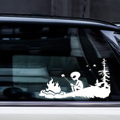 2-Pack Alien at Campfire Vinyl Car Decal, 7.09"x3.94", Interesting Alien Camping Sticker for Cars, Trucks, Motorcycles, Vans, Laptops, Window and Walls #2BZ466 in Saudi Arabia