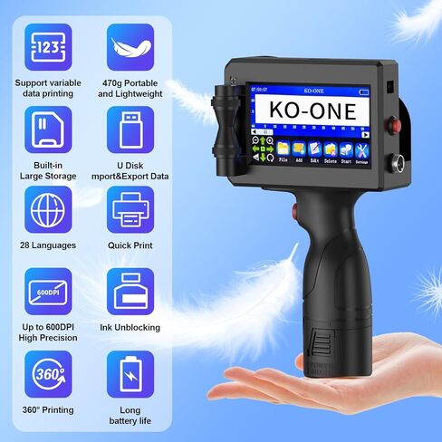 KOONE Handheld Inkjet Printer, 0.5 Inch Nozzle, Portable Inkjet Printer Gun for Text QRCode Barcode Production Date Time Logo Batch Number Print on Metal Wood Glass Cloth Carton Plastic (Black) in Saudi Arabia