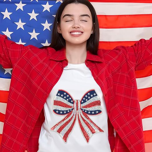 Totelux 4 يوليو القوس الحديد على بقع كبيرة الترتر Bowknot بقع عيد الاستقلال الوطني خياطة على يزين للملابس الجينز قبعة أكياس القميص DIY الزينة الحرفية in Kuwait