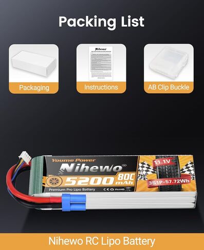3S Lipo Battery 5200mAh 11.1V RC Battery 80C Soft Case with EC5 Connector Compatible with 1/8 1/10 RC Car Truck Truggy Boat Airplane Helicopter(2 Packs) in Kuwait