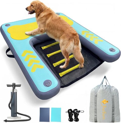 Dog Ramp for Pool & Lake, Inflatable Water Platform 60'' x 40'' Floating Dock for Pets Up to 240 lbs, Non-Slip EVA Surface with Ladder, Boat & Dock Access for Swimming and Outdoor Use in Saudi Arabia