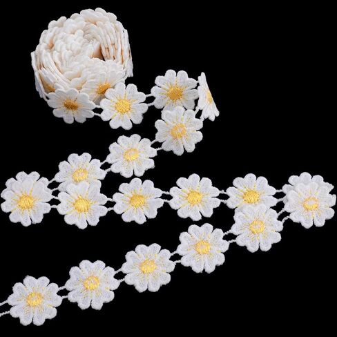 OIIKI 2 Yards White Flower Lace Trim, Floral Embroidered Sewing Ribbon Roll Trim, Vintage Flower Edge Embellishments Supplies for Bouquet Wrapping Christmas Wedding DIY Decoration in Kuwait
