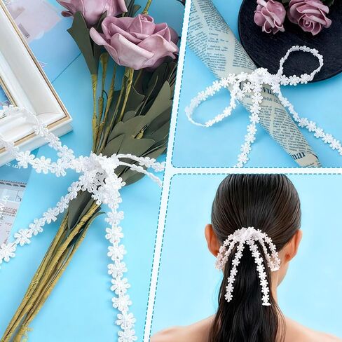OIIKI 2 Yards White Flower Lace Trim, Floral Embroidered Sewing Ribbon Roll Trim, Vintage Flower Edge Embellishments Supplies for Bouquet Wrapping Christmas Wedding DIY Decoration in Kuwait