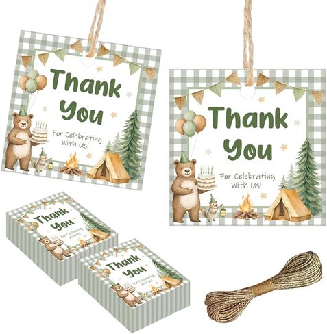 50Pcs One Happy Camper Thank You Tags Forest Camping Theme 1st Birthday Party Decorations Woodland Adventure Bear Campfire Gift Tags Square for Boys Girls Camping First Birthday Party Supplies in Kuwait