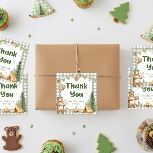 50Pcs One Happy Camper Thank You Tags Forest Camping Theme 1st Birthday Party Decorations Woodland Adventure Bear Campfire Gift Tags Square for Boys Girls Camping First Birthday Party Supplies in Kuwait