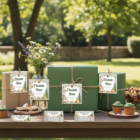 50Pcs One Happy Camper Thank You Tags Forest Camping Theme 1st Birthday Party Decorations Woodland Adventure Bear Campfire Gift Tags Square for Boys Girls Camping First Birthday Party Supplies in Kuwait