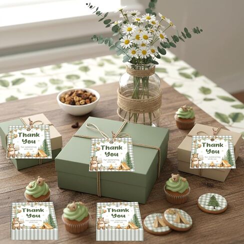 50Pcs One Happy Camper Thank You Tags Forest Camping Theme 1st Birthday Party Decorations Woodland Adventure Bear Campfire Gift Tags Square for Boys Girls Camping First Birthday Party Supplies in Kuwait