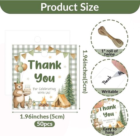 50Pcs One Happy Camper Thank You Tags Forest Camping Theme 1st Birthday Party Decorations Woodland Adventure Bear Campfire Gift Tags Square for Boys Girls Camping First Birthday Party Supplies in Kuwait