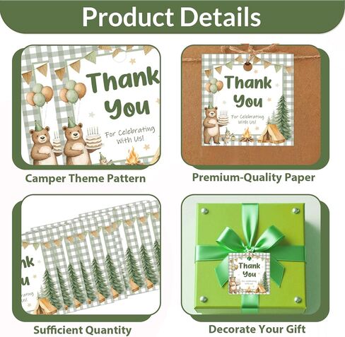 50Pcs One Happy Camper Thank You Tags Forest Camping Theme 1st Birthday Party Decorations Woodland Adventure Bear Campfire Gift Tags Square for Boys Girls Camping First Birthday Party Supplies in Kuwait