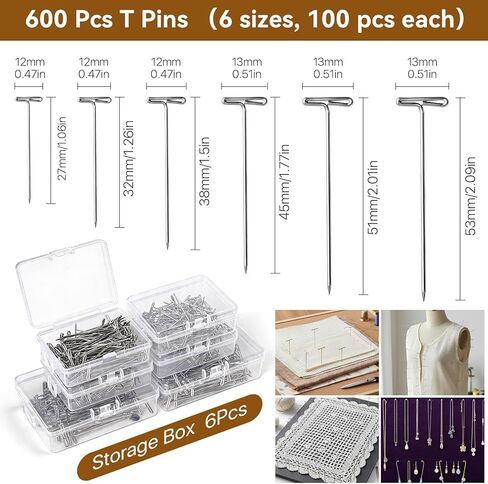 600 Pcs T Pins, Stainless Steel Wig Pin for Wigs, 1.06in 1.26in 1.5in 1.77in 2.01in 2.09in Long Straight Sewing Pins for Quilting Blocking Knitting Craft Modelling and Jewelry Making in Kuwait