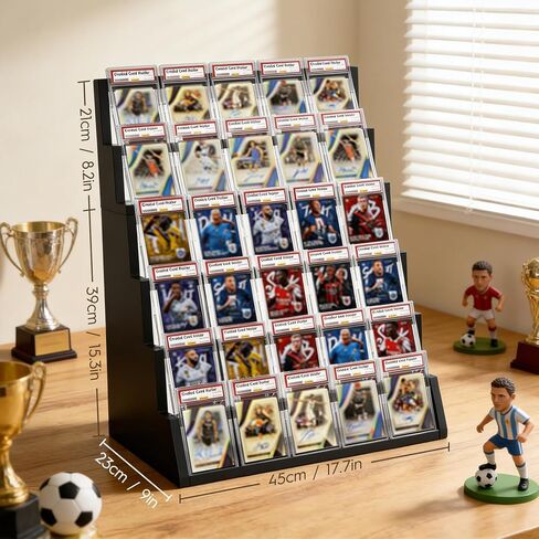 6-Tier Trading Card Display Stand with Top Storage，Wood Detachable Card Display Stand，High Capacity Graded Card Display for Soprts Card Collection & Show in Saudi Arabia