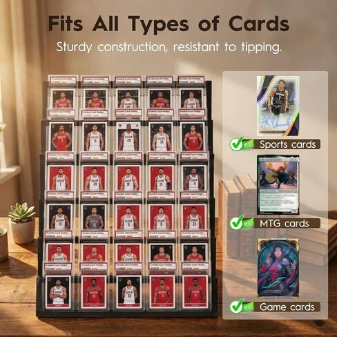 6-Tier Trading Card Display Stand with Top Storage，Wood Detachable Card Display Stand，High Capacity Graded Card Display for Soprts Card Collection & Show in Saudi Arabia
