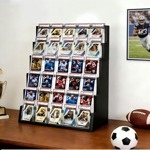 6-Tier Trading Card Display Stand with Top Storage，Wood Detachable Card Display Stand，High Capacity Graded Card Display for Soprts Card Collection & Show in Saudi Arabia