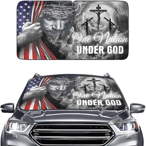 GENANY One Nation Under God Windshield Sun Shade لشاحنة سيدان SUV (64 × 32 بوصة)، مظلة شمسية للسيارات، كتل واقية من الأشعة فوق البنفسجية، ملحقات السيارة، ديكور سيارة الربيع، ديكور السيارات لعيد الميلاد in Kuwait