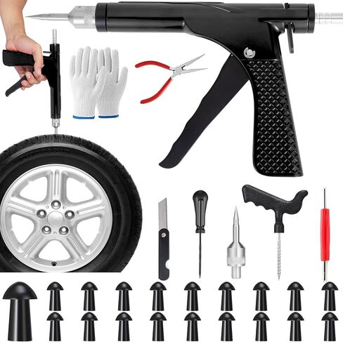 Tubeless Tire Gun Puncture Repair Kit with 18 Mushroom Plugs, for Tire Punctures and Flats on Cars, ATV, Trucks, Motorcycles & Tractors,Quick Repair, Airtight Seal（Black） in Saudi Arabia