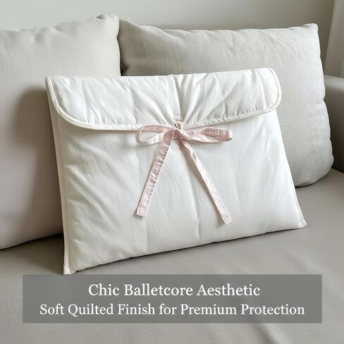 13-14 inch Laptop Sleeve - Cute Core Quilted Puffer Box Case - Balletcore Ribbon Bow Tie Padded Bag for Notebook and Bible, Cream White in Saudi Arabia