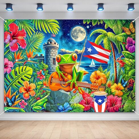 Puerto Rico Flag Backdrop Banner, 7x5 FT Large Puerto Rican Frog Hibiscus Castle Background, Vibrant Heritage Photo Booth Prop for Cultural Events, Festivals and Party Wall Decorations, Durable Fabric in Saudi Arabia