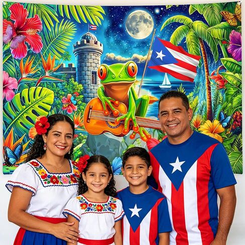 Puerto Rico Flag Backdrop Banner, 7x5 FT Large Puerto Rican Frog Hibiscus Castle Background, Vibrant Heritage Photo Booth Prop for Cultural Events, Festivals and Party Wall Decorations, Durable Fabric in Saudi Arabia