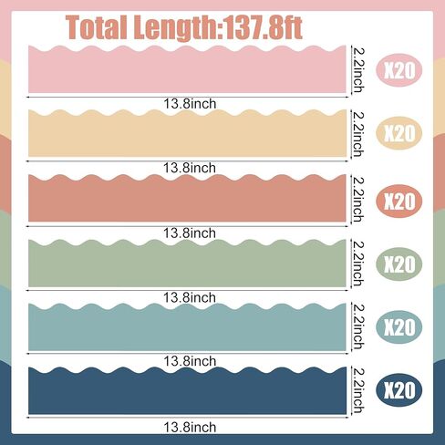 137.8 Ft Boho Bulletin Board Borders Colorful Classroom Borders Scalloped Boho Bulletin Board Decorations for Teacher Classroom School Home Office Chalkboard Whiteboard Wall Decor, 120 Sheets in Kuwait