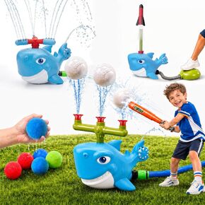 Shark Water Sprinkler Toy for Kids Ages 3-8, 4-in-1 Splash Baseball T Ball Set with Rocket Launcher, 360 Degree Sprinkler and Water Balls, Outdoor Backyard Summer Toy for Boys Girls in Saudi Arabia