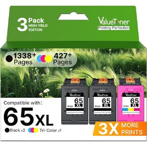 Valuetoner لخراطيش حبر OfficeJet 65XL 65 حزمة كومبو سوداء/ملونة (3 عبوات) لحبر HP 65 HP65 HP65XL لخراطيش حبر HP Deskjet 3755 Envy 5055 5052 5058 DeskJet 2655 3720 3722 in Kuwait