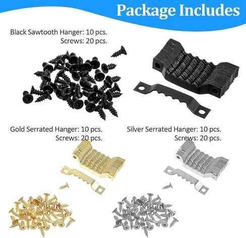 60 Pack Sawtooth Picture Hangers – Small Heavy Duty Wall Hanging Kit Picture Hardware Heavy Duty with 120 Screws Complete Saw Tooth Hangers for Frames Canvas Mirrors Gallery Walls(Black Gold Silver in Kuwait