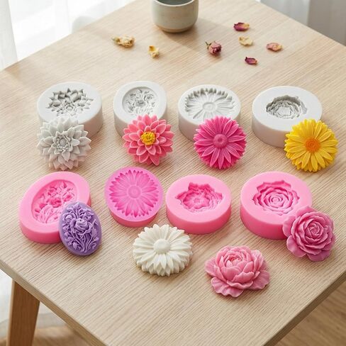 8 Pcs Candle Molds, Flower Mold for DIY Projects, Create White and Pink Chrysanthemum, Lilac, Peony, and Rose Candles, Handcrafted Home Decor and Gift Making Supplies in Saudi Arabia