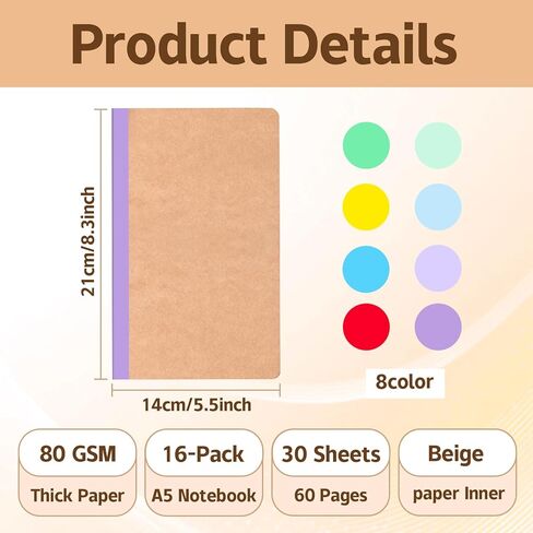 16 Pack Composition Notebooks Bulk,Kraft Cover with Rainbow Spines Notebook Journals,College Ruled Lined Travel Journals for Home,Office,School,60 pages/30 sheets,8.3"x 5.5",A5,8 Colors in Saudi Arabia