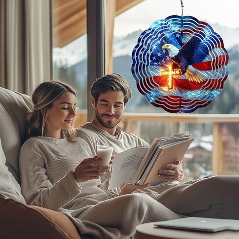العلم الأمريكي النسر الرياح الدوار في الهواء الطلق، 8 بوصة 3D المعادن حديقة الرياح الدوار، الفولاذ المقاوم للصدأ ساحة الوطنية شنقا ديكور هدية in Kuwait