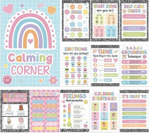 12Pcs Calming Corner Posters for Classroom Calm Down Pastel Emotions Feeling Poster for Kids Inspirational Back to School Wall Decor Motivational Mental Health Posters for Office Home Teacher Supplies in Saudi Arabia