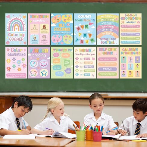 12Pcs Calming Corner Posters for Classroom Calm Down Pastel Emotions Feeling Poster for Kids Inspirational Back to School Wall Decor Motivational Mental Health Posters for Office Home Teacher Supplies in Kuwait