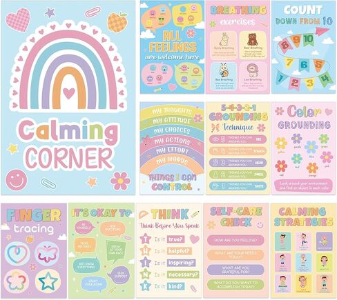 12Pcs Calming Corner Posters for Classroom Calm Down Pastel Emotions Feeling Poster for Kids Inspirational Back to School Wall Decor Motivational Mental Health Posters for Office Home Teacher Supplies in Kuwait