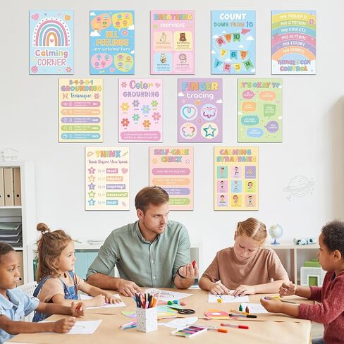 12Pcs Calming Corner Posters for Classroom Calm Down Pastel Emotions Feeling Poster for Kids Inspirational Back to School Wall Decor Motivational Mental Health Posters for Office Home Teacher Supplies in Kuwait